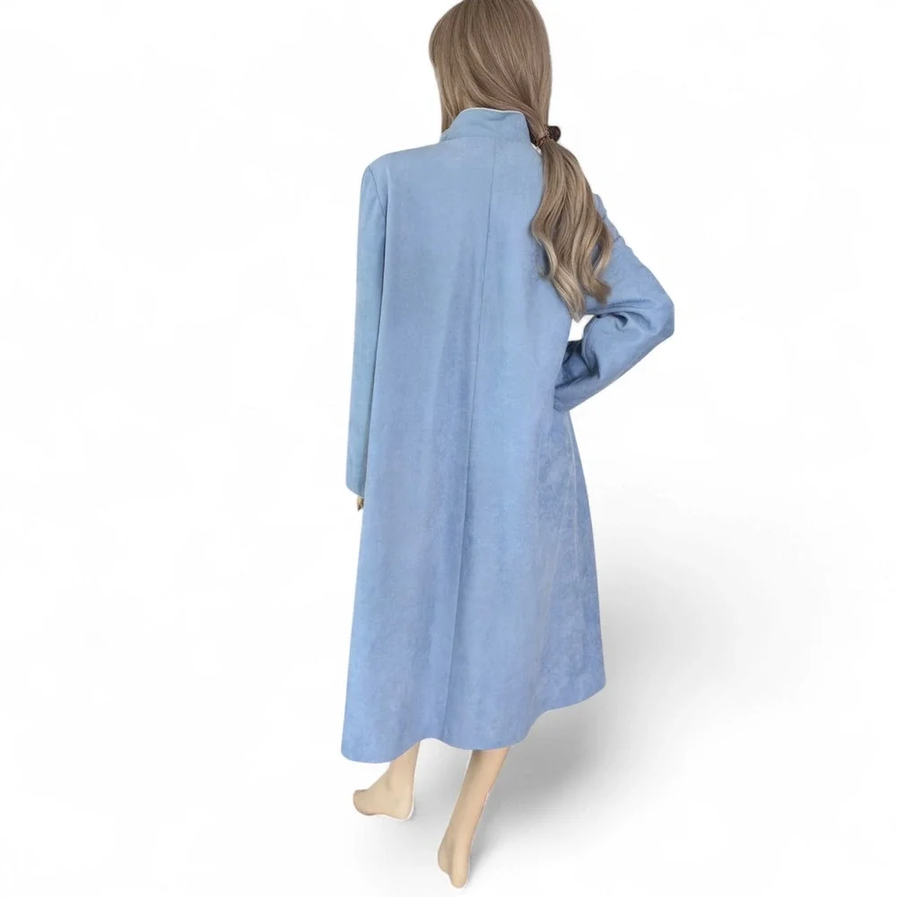 Vintage 80s Blue Faux Suede Midi Coat | Retro Soft Girl Coquette Academia Jacket